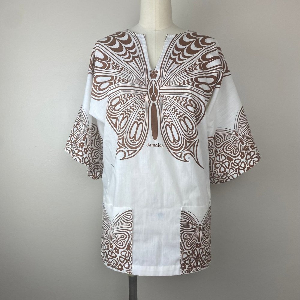 Vintage 1970s Jamaica Souvenir Shirt Sun Island Size Small Butterfly Hippy Tunic